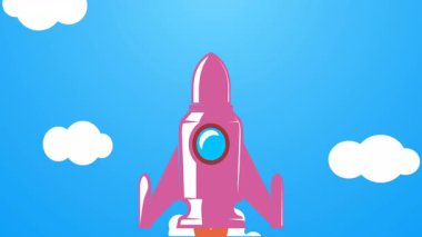 Bulutların üzerinde uzaya uçan klasik roket animasyonu.