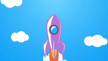 Bulutların üzerinde uzaya uçan klasik roket animasyonu.