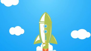 Bulutların üzerinde uzaya uçan klasik roket animasyonu.
