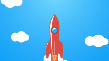 Bulutların üzerinde uzaya uçan klasik roket animasyonu.