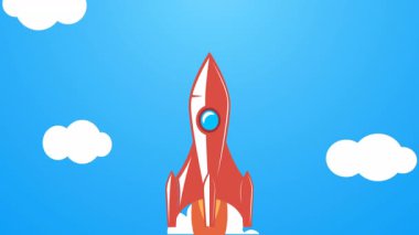 Bulutların üzerinde uzaya uçan klasik roket animasyonu.