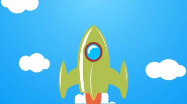 Bulutların üzerinde uzaya uçan klasik roket animasyonu.