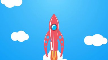 Bulutların üzerinde uzaya uçan klasik roket animasyonu.