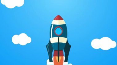 Bulutların üzerinde uzaya uçan klasik roket animasyonu.