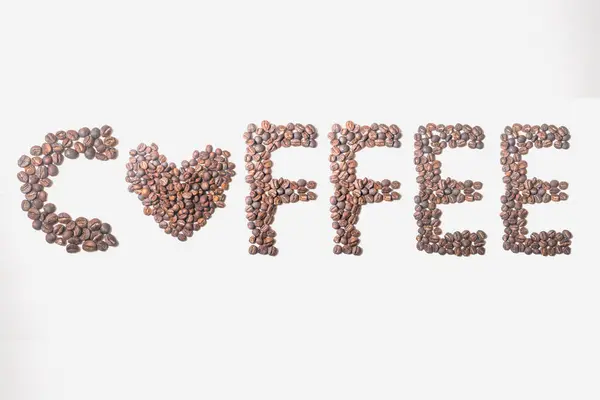 Kaffeetext Aus Gerösteten Kaffeebohnen Auf Weißem Hintergrund — Stockfoto