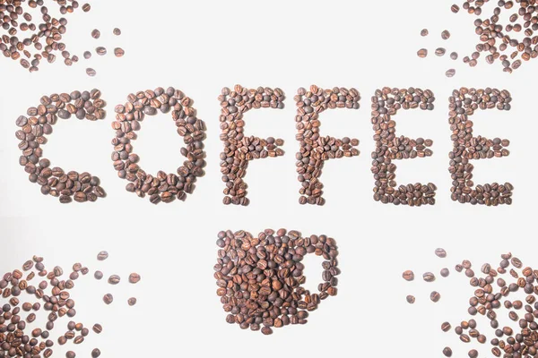 Kaffeetext Aus Gerösteten Kaffeebohnen Auf Weißem Hintergrund — Stockfoto