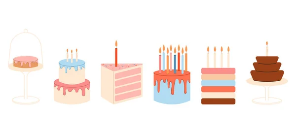 一套生日蛋糕矢量平面插图 色彩艳丽的甜点 派对装饰 — 图库矢量图片