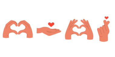 Eller işaret kalbini parmakları vektör düz illüstrasyonla yapıyor. Parmak Kalbi Sembolü. Aşk el hareketi mesajı.