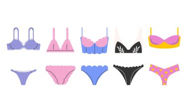 Renkli kadın iç çamaşırı vektör düz çizim seti. Kadın iç çamaşırı, külot, bikini ve sutyen..
