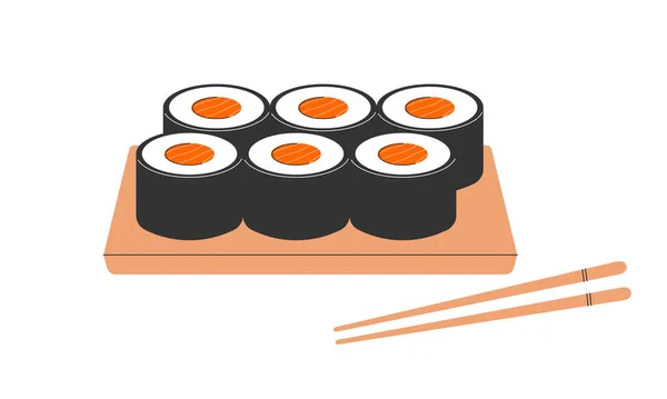Japan Food Sushi Rolls Chopsticks Flat Vector Illustration Isolated White — Stock Vector