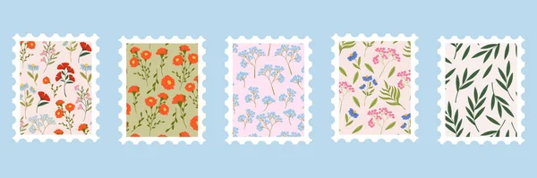 Συλλογή Γραμματοσήμων Λουλούδια Και Φύλλα Διανυσματική Επίπεδη Απεικόνιση Ταχυδρομικές Σφραγίδες — Διανυσματικό Αρχείο