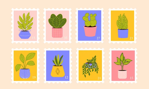 Série Timbres Poste Colorés Avec Illustration Plate Vectorielle Plantes Intérieur — Image vectorielle