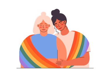 LGBT çifti sarılıyor ve gülümsüyor. Lezbiyen çift LGBT bayrak düz çizim ile kaplanmış. Homoseksüel çok ırklı çift. Gurur ayı.