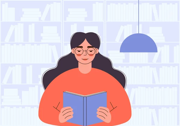 女は本を読む 読書の日の概念 若い女性が手に本を持っている 本の山 — ストックベクタ