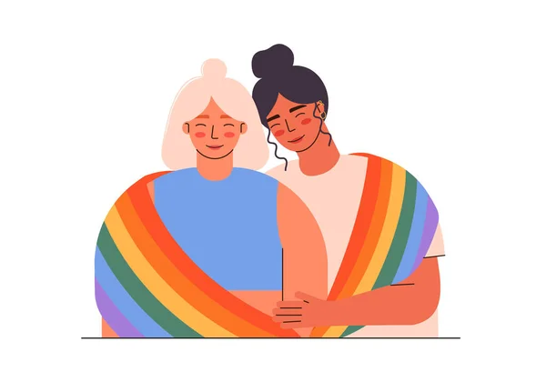 LGBT çifti sarılıyor ve gülümsüyor. Lezbiyen çift LGBT bayrak düz çizim ile kaplanmış. Homoseksüel çok ırklı çift. Gurur ayı.