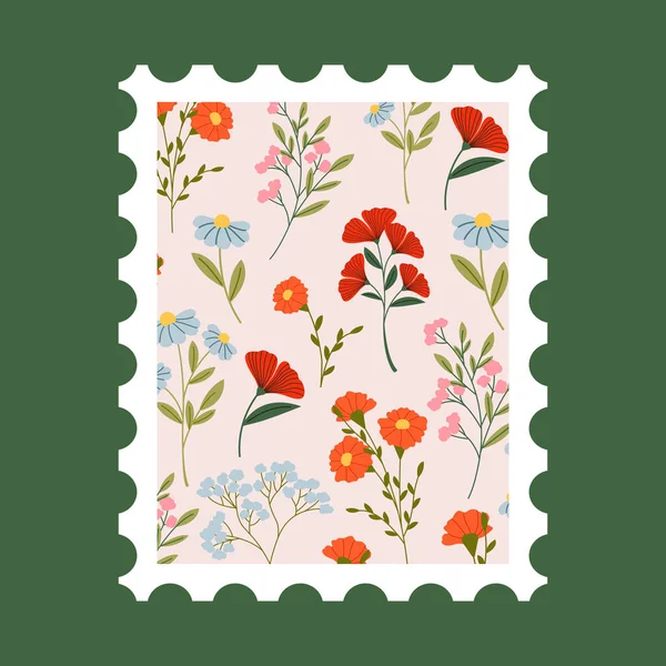 Post Stamp Flowers Leaves Vector Flat Illustration Postage Mail Stamp — Stock Vector