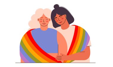 LGBT çift kadın lezbiyen vektör düz çizim. Igbtq + bayrağı tutan lezbiyen çift. Gurur ayı.