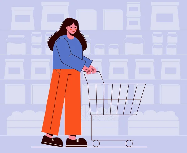 スーパーマーケットでショッピングカートを持つ女性 ガールストアベクトルフラットイラストで製品を選択します 買い物のルーティン 小売店の顧客 — ストックベクタ