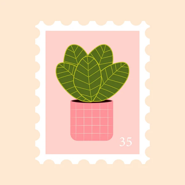 Διανυσματική Επίπεδη Απεικόνιση Γραμματοσήμων Ταχυδρομική Σφραγίδα Φυτό Εσωτερικού Χώρου — Διανυσματικό Αρχείο