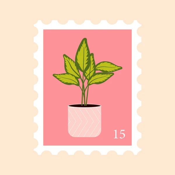 Διανυσματική Επίπεδη Απεικόνιση Γραμματοσήμων Ταχυδρομική Σφραγίδα Φυτό Εσωτερικού Χώρου — Διανυσματικό Αρχείο