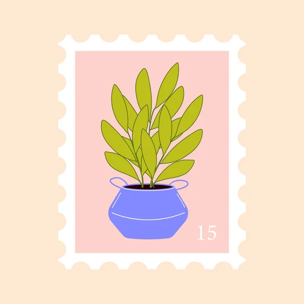 切手ベクトルフラットイラスト 観葉植物とポストマーク — ストックベクタ