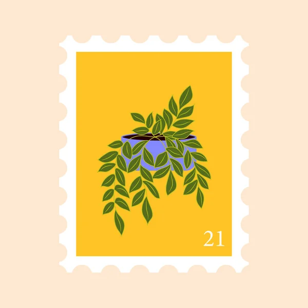 切手ベクトルフラットイラスト 観葉植物とポストマーク — ストックベクタ