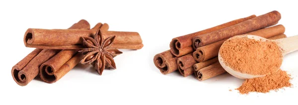 Three Cinnamon Sticks Star Anise Isolated White Background — Stock Photo, Image