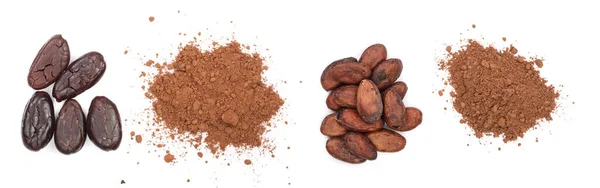 Kakaobønner Kakaopulver Isoleret Hvid Baggrund Top View - Stock-foto