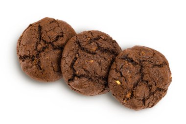 chocolate cookies isolated on white background with full depth of field. Top view. Flat lay.