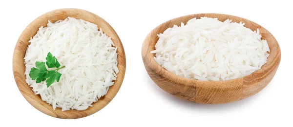 Rýže Dřevěné Míse Izolované Bílém Pozadí Horní Pohled Plocha — Stock fotografie