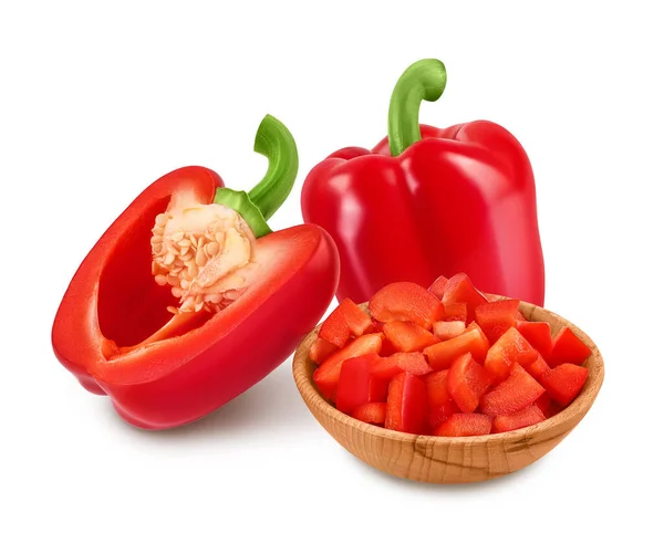 Red Sweet Bell Pepper Wooden Bowl Isolated White Background Full — Stock Photo, Image