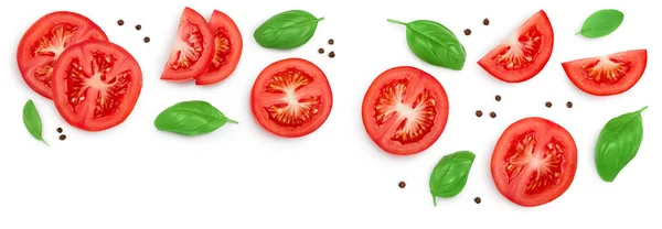 Rodajas Tomate Con Albahaca Granos Pimienta Aislados Sobre Fondo Blanco — Foto de Stock