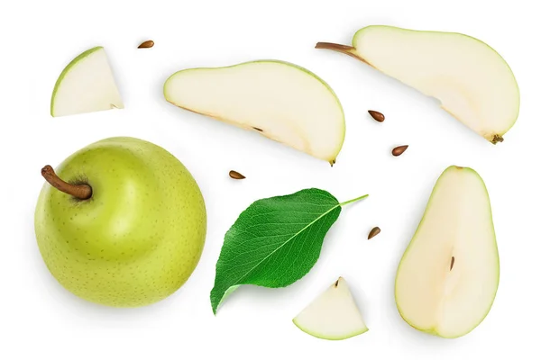 Fruta Pêra Verde Com Fatias Isoladas Fundo Branco Com Vista — Fotografia de Stock