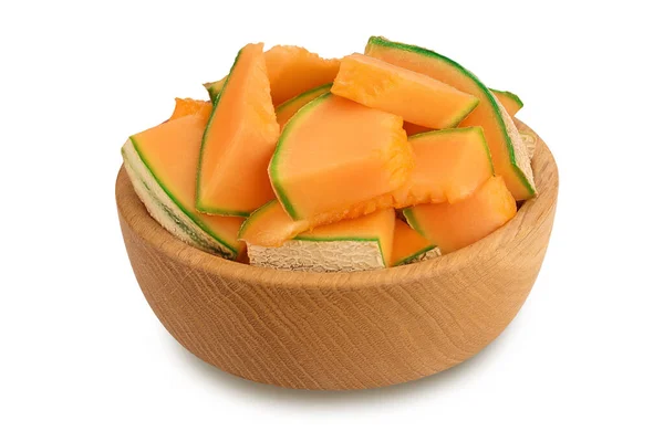 Cantaloupe Melon Pieces Wooden Bowl Isolated White Background Full Depth — Foto de Stock