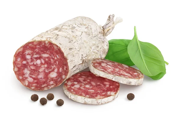 Cured Salami Sausage Isolated White Background Italian Cuisine Full Depth — Stock fotografie