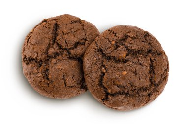 chocolate cookies isolated on white background with full depth of field. Top view. Flat lay.
