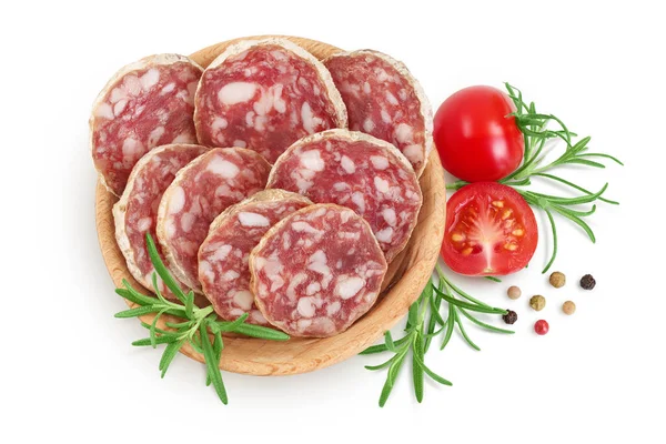 Cured Salami Sausage Wooden Bowl Isolated White Background Italian Cuisine — 스톡 사진