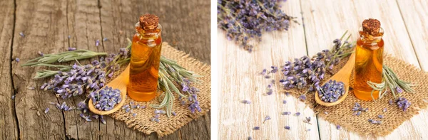 Herbal oil and lavender flowers on wooden background.