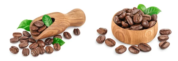 Heap Roasted Coffee Beans Wooden Scoop Leaves Isolated White Background — Stock Photo, Image