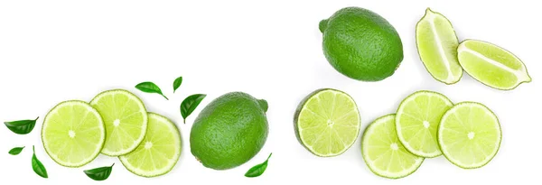 Lime Fette Con Foglie Isolate Sfondo Bianco Con Spazio Copia — Foto Stock