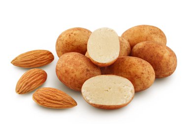Marzipan balls or potatoes with almond isolated on white background full depth of field.