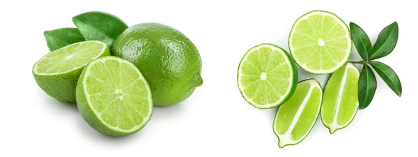 Lime Med Hälften Och Blad Isolerade Vit Bakgrund — Stockfoto