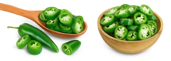 Sliced Jalapeno Pepper Wooden Spoon Bowl Isolated White Background Green — Stock Photo, Image