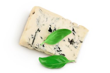 Blue cheese gorgonzola isolated on white background with full depth of field. Top view. Flat lay