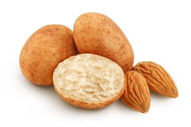 Marzipan balls or potatoes with almond isolated on white background full depth of field.