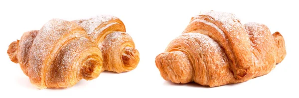 Due Croissant Cosparsi Zucchero Velo Isolato Fondo Bianco Primo Piano — Foto Stock
