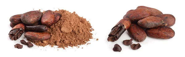 Frijol Cacao Sin Pelar Con Hojas Cacao Polvo Aislado Sobre — Foto de Stock