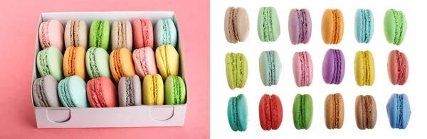 Colorful Macaroons Box Red White Background Closeup — Stock Photo, Image