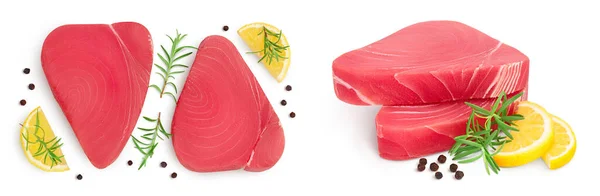 Świeży Tuńczyk Filet Stek Rozmarynu Cytryny Papryki Izolowane Białym Tle — Zdjęcie stockowe