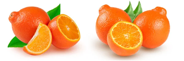 Sinaasappel Tangerine Mineola Met Halve Plakjes Blad Geïsoleerd Witte Achtergrond — Stockfoto